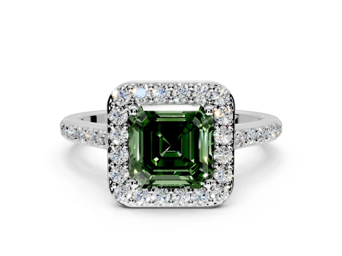 Halo Engagement Ring Setting for Fancy Green Asscher Cut Center with Pave Accents, Heart Basket and Prong Head in Platinum