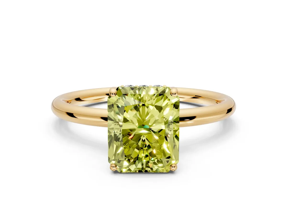 Solitaire Engagement Ring Setting for Fancy Yellow Radiant Cut Center with Plain Band, Open Basket and Prong Head in Yellow Gold