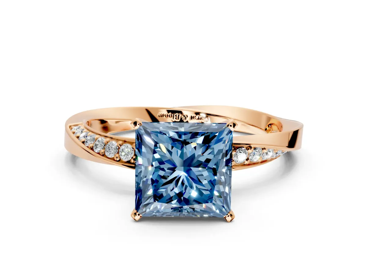 Side Accent Engagement Ring Setting for Fancy Blue Princess Cut Center with Accent Shoulders and Prong Head in Rose Gold