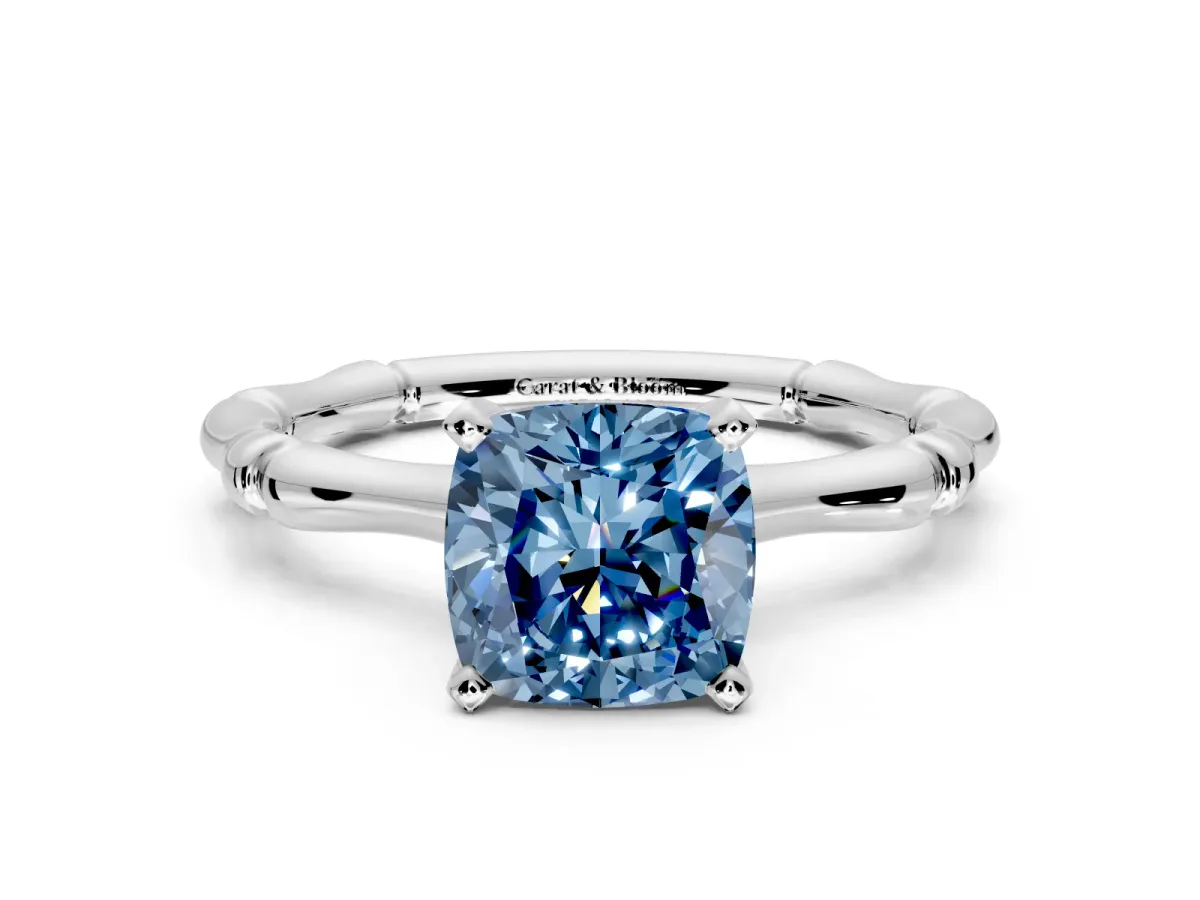 Solitaire Engagement Ring Setting for Fancy Blue Cushion Cut Center with Bamboo Band and Prong Head in Platinum
