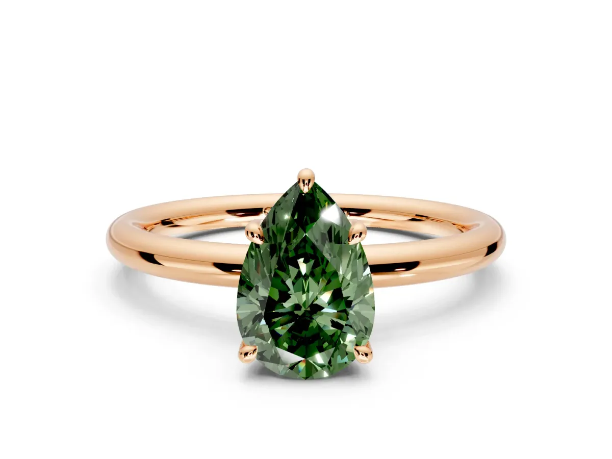 Hidden Halo Engagement Ring Setting for Fancy Green Pear-Shaped Center with Thin Rounded Band and Prong Head in Rose Gold
