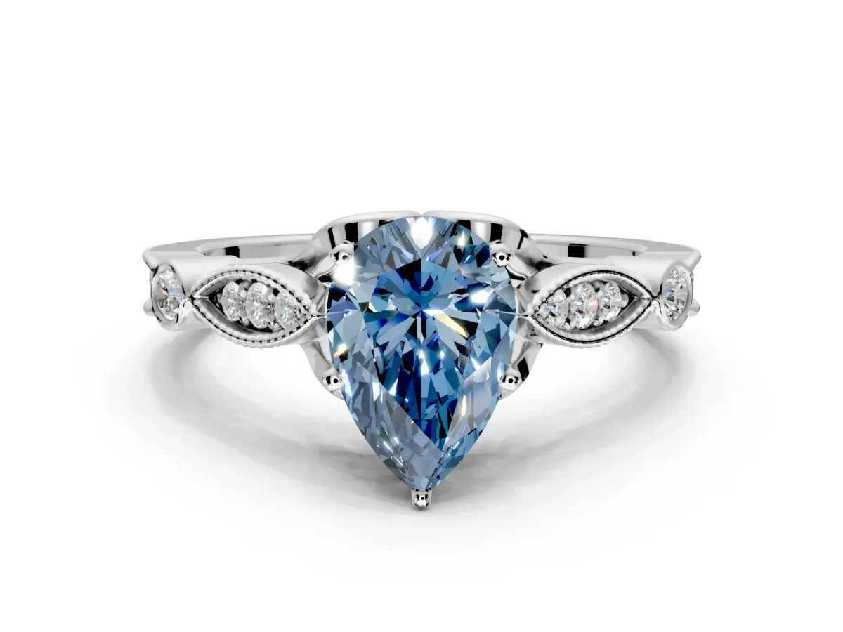 Solitaire Engagement Ring Setting for Fancy Blue Pear-Shaped Center with Marquise and Bezel Accents and Prong Head in Platinum