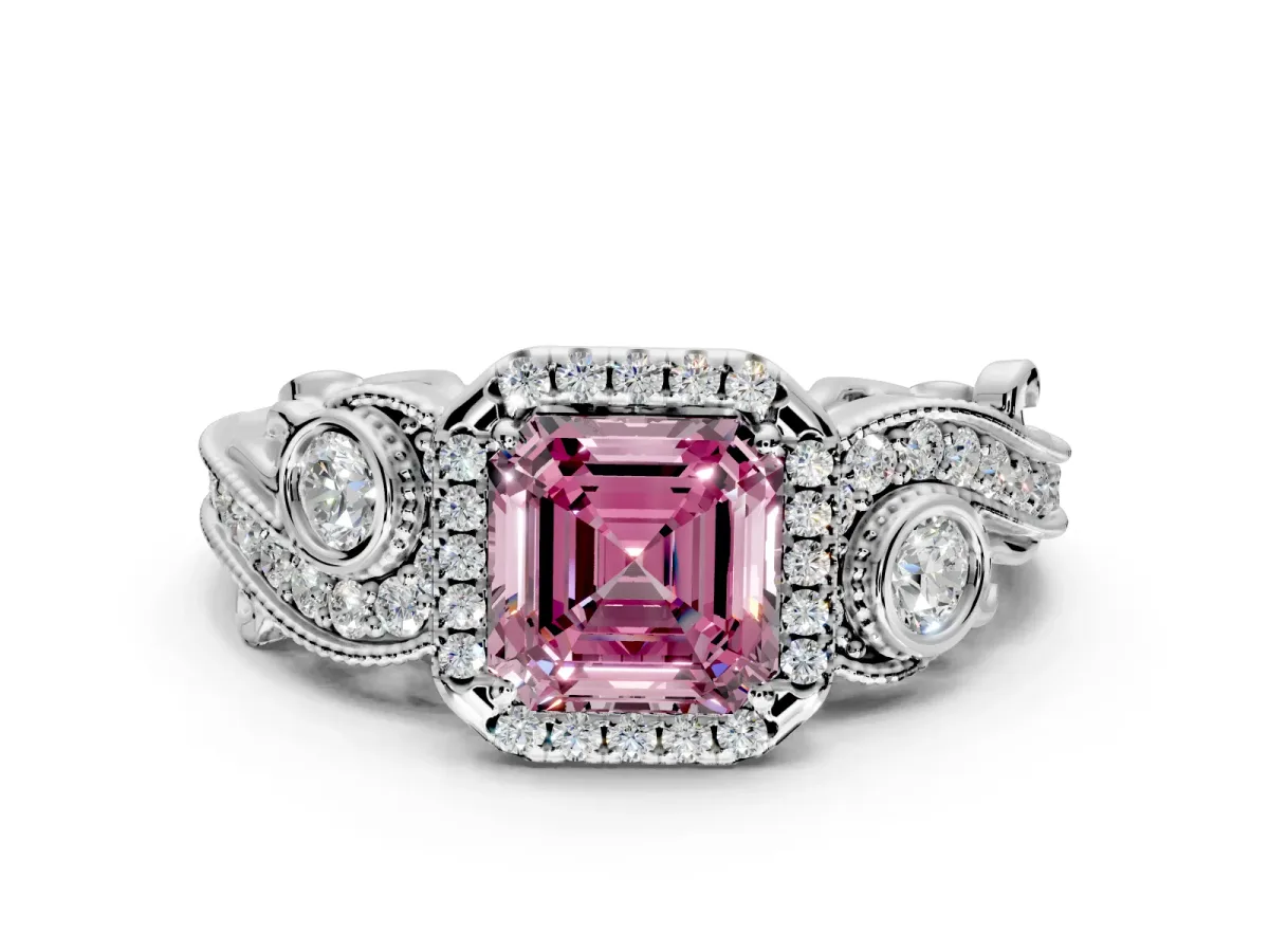 Milgrain Halo Engagement Ring Setting for Fancy Pink Asscher Cut Center with Shoulder Bezels and Prong Head in Platinum