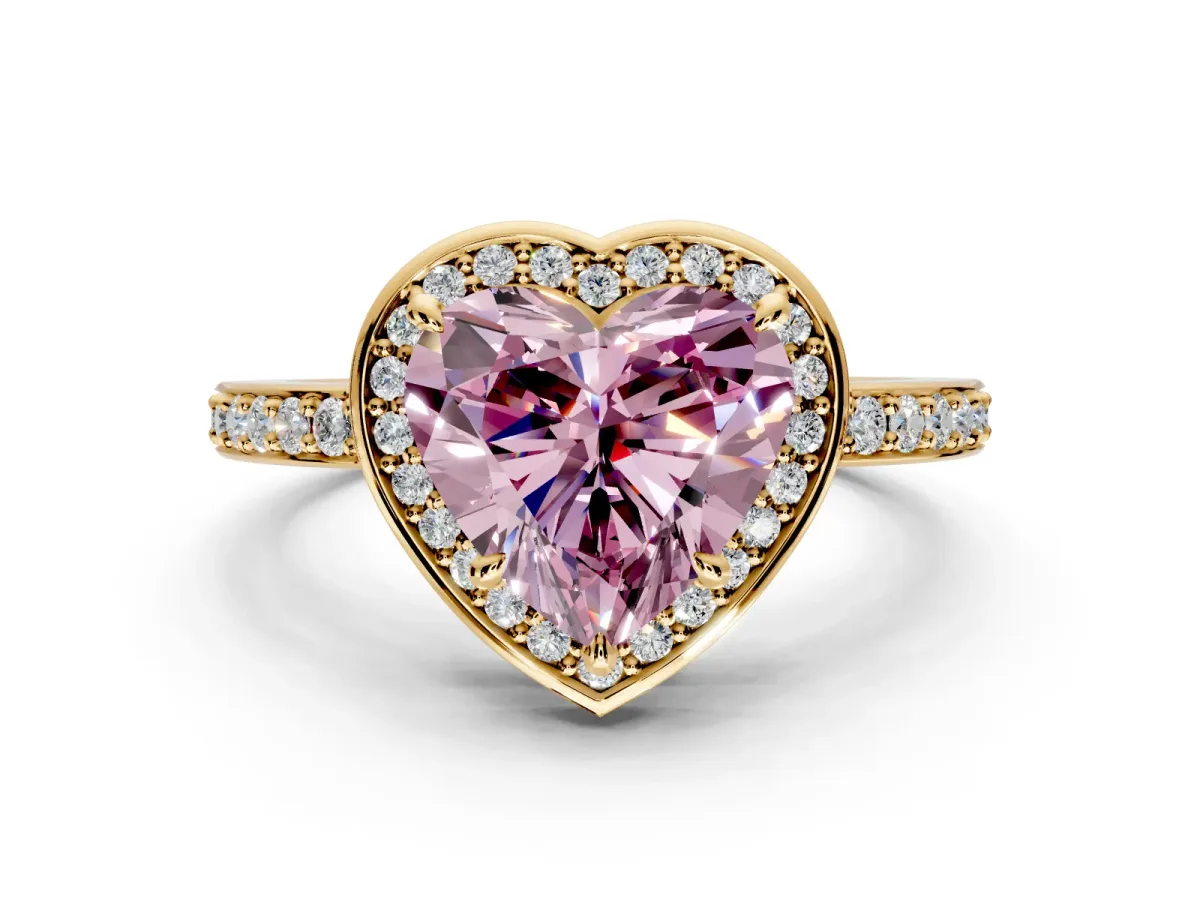 Halo Engagement Ring Setting for Fancy Pink Heart-Shaped Center with Metal-Rimmed Halo, Pave Band and Prong Head in Yellow Gold