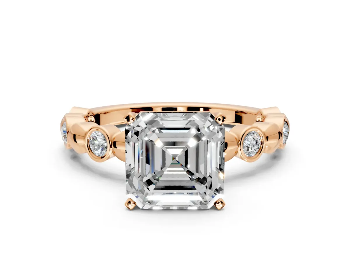 Solitaire Engagement Ring Setting for Asscher Cut Center with Beaded Bezel Station Band and Prong Head in Rose Gold