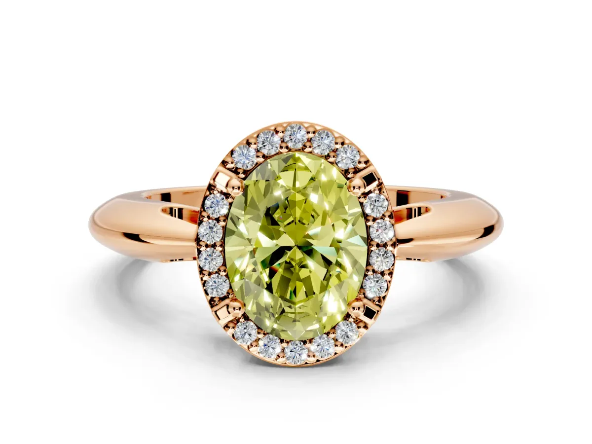 Halo Engagement Ring Setting for Fancy Yellow Oval Center with Tapered Plain Band and Prong Head in Rose Gold
