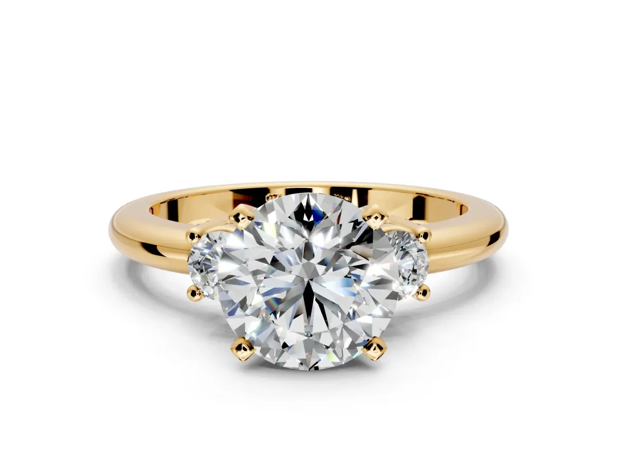 3 Stone Engagement Ring Setting for Round Cut Center with Wide Plain Band and Prong Head in Yellow Gold