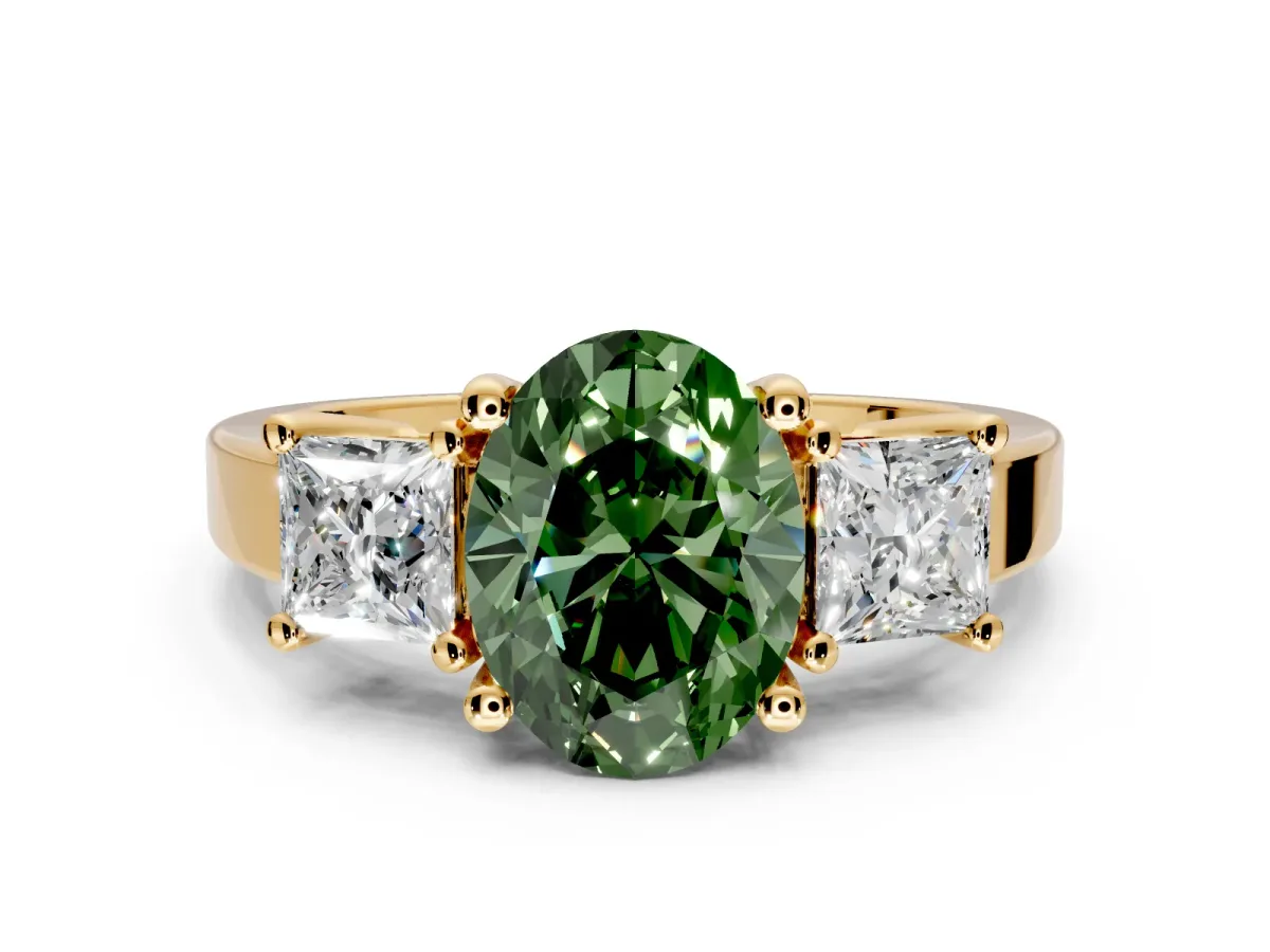 3 Stone Engagement Ring Setting for Fancy Green Oval Center with Matching Side Accents and Prong Head in Yellow Gold