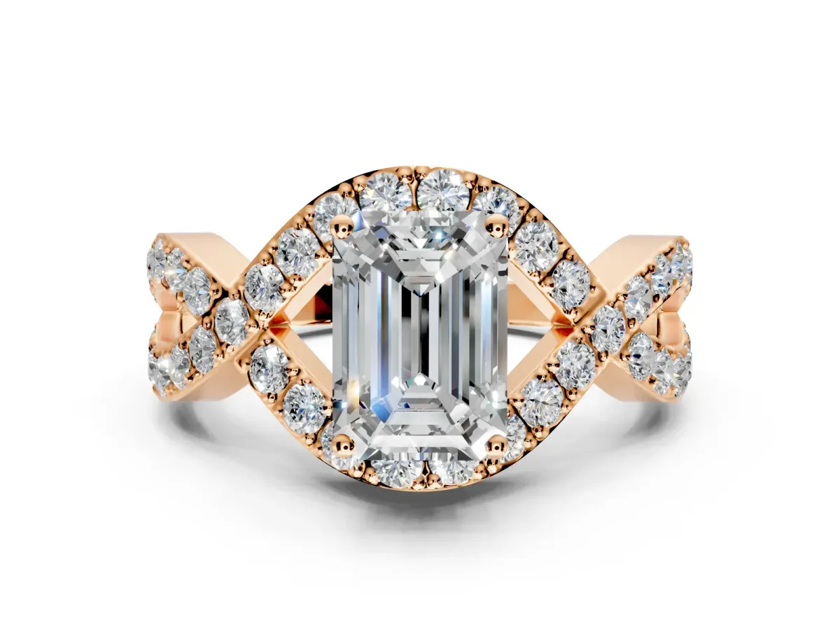 Halo Engagement Ring Setting for Emerald Cut Center with Pave Infinity Twist Band and Prong Head in Rose Gold