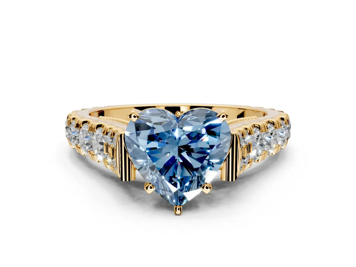Solitaire Engagement Ring Setting for Fancy Blue Heart-Shaped Center with Pave Cathedral Shoulders and Prong Head in Yellow Gold