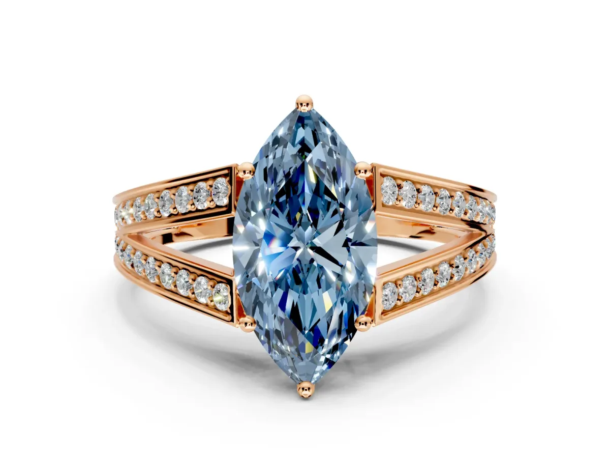 Split Shank Engagement Ring Setting for Fancy Blue Marquise Center with Pave Split Shank and Prong Head in Rose Gold