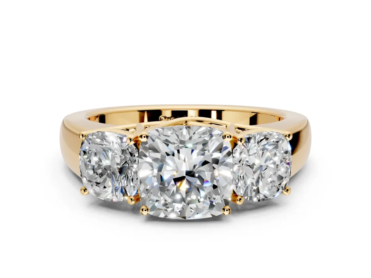 3 Stone Engagement Ring Setting for Cushion Cut Center with Raised Basket Heads and Prong Head in Yellow Gold