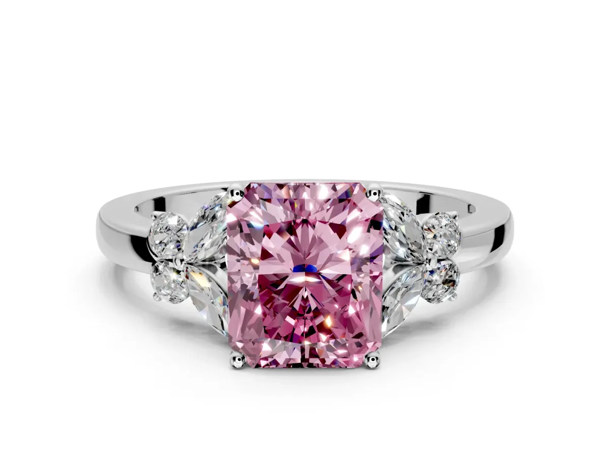 Solitaire Engagement Ring Setting for Fancy Pink Radiant Cut Center with Marquise Flower Shoulders and Prong Head in White Gold