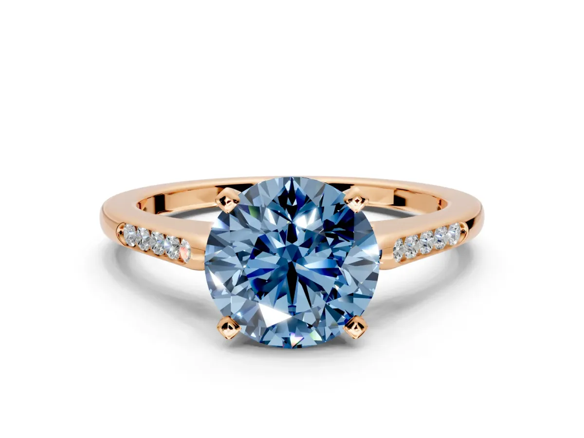 Solitaire Engagement Ring Setting for Fancy Blue Round Cut Center with Channel Accents and Prong Head in Rose Gold
