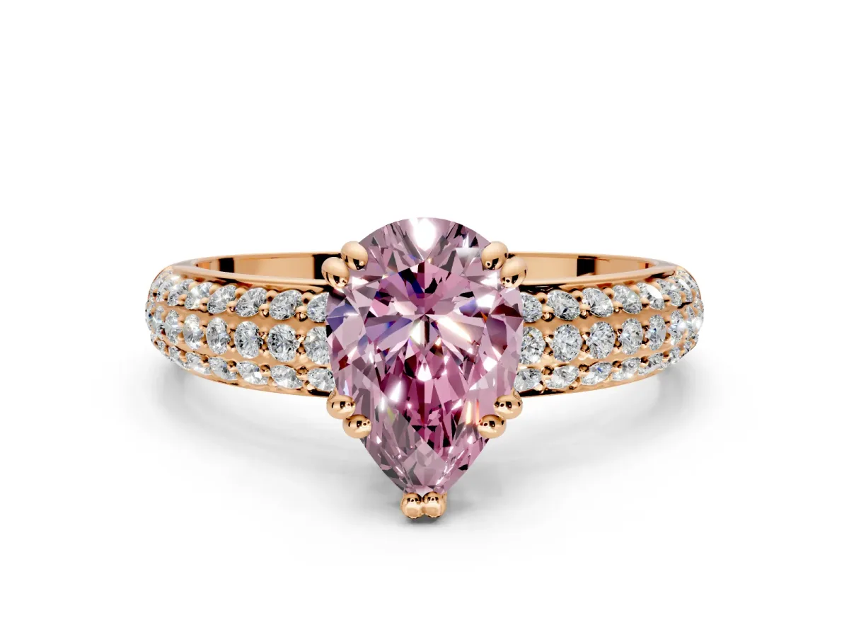 Solitaire Engagement Ring Setting for Fancy Pink Pear-Shaped Center with Multi-Row Pave Accents and Basket Head in Rose Gold