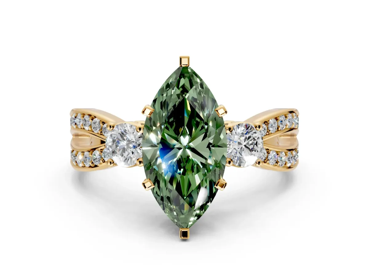 3 Stone Engagement Ring Setting for Fancy Green Marquise Center with Pave Twist Band and Prong Head in Yellow Gold