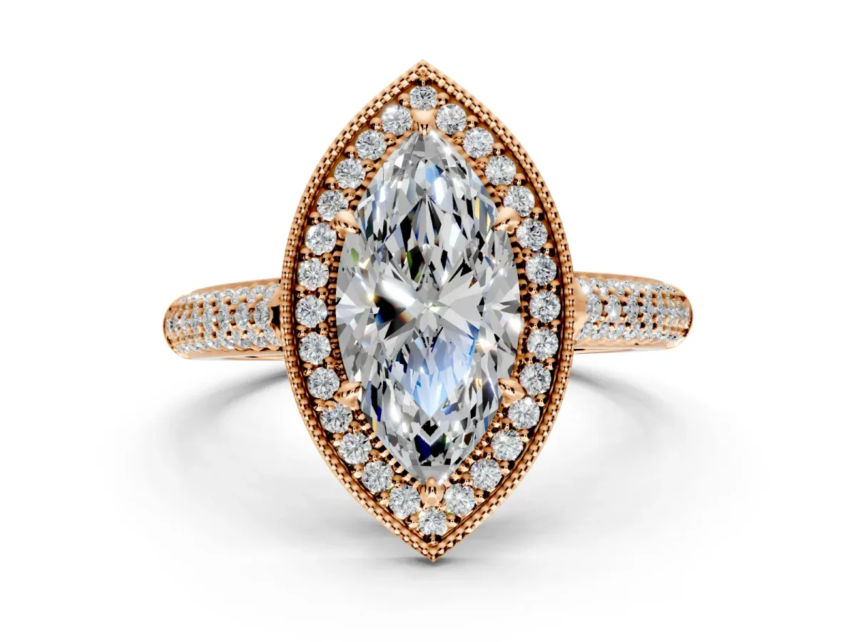 Milgrain Halo Engagement Ring Setting for Marquise Center with Three-Sided Pave Band and Prong Head in Rose Gold