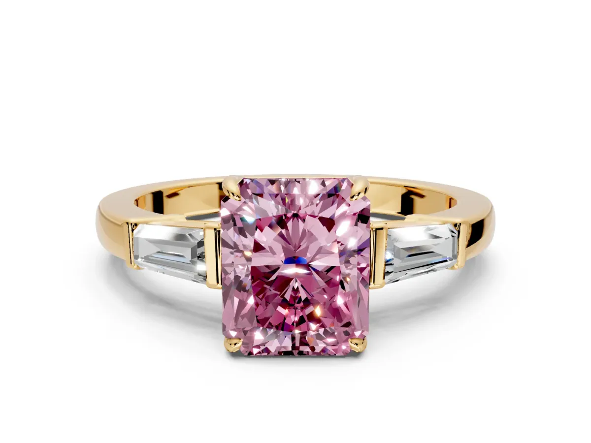 3 Stone Engagement Ring Setting for Fancy Pink Radiant Cut Center with Baguette Accents and Prong Head in Yellow Gold
