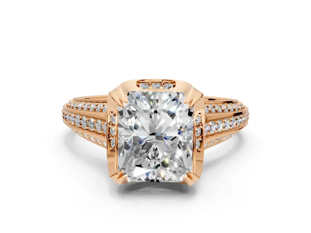 Solitaire Engagement Ring Setting for Radiant Cut Center with Accented Split Shank and Prong Head in Rose Gold