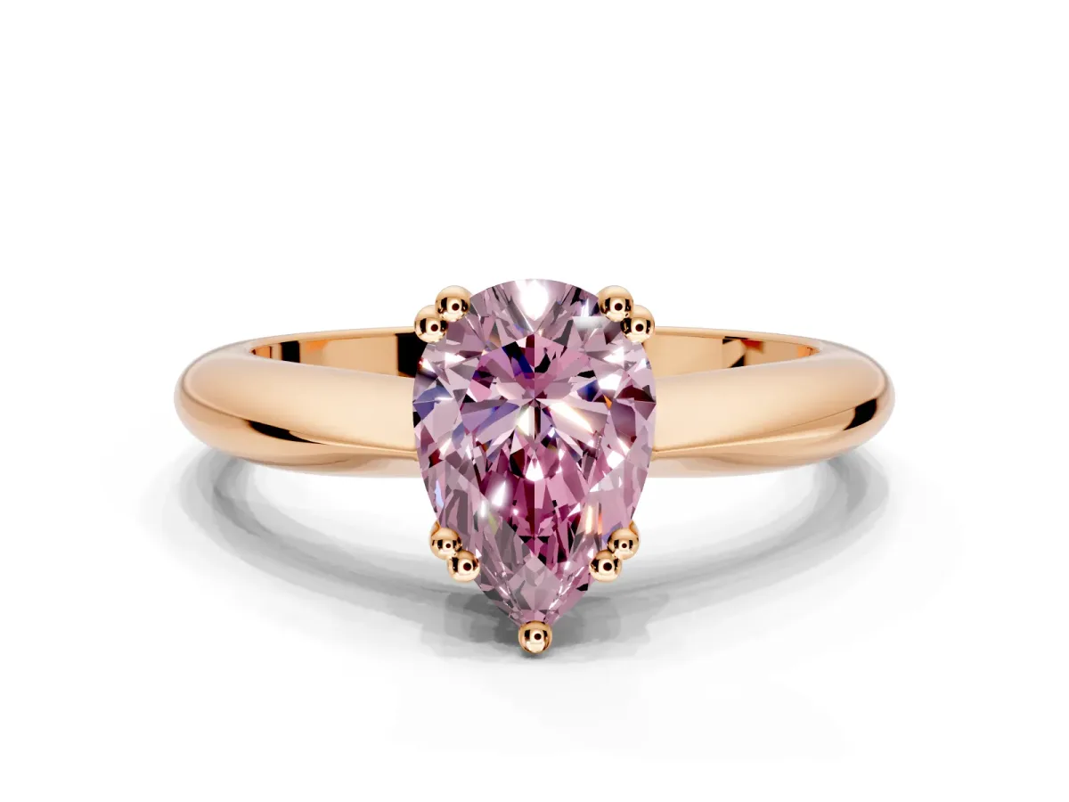Solitaire Engagement Ring Setting for Fancy Pink Pear-Shaped Center with Reverse Tapered Band and Prong Head in Rose Gold