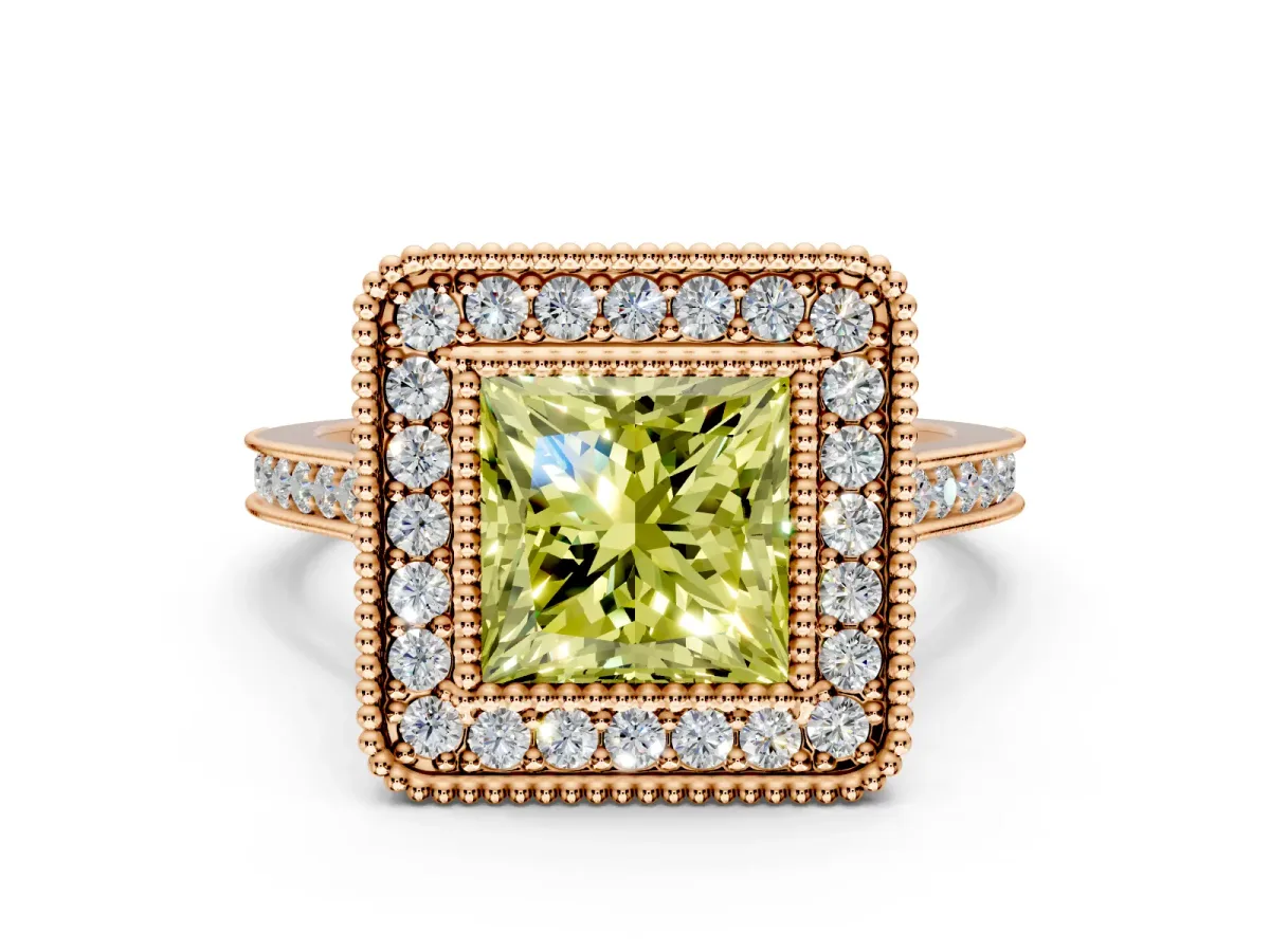 Halo Engagement Ring Setting for Fancy Yellow Princess Cut Center with Milgrain Frame, Pave Band and Prong Head in Rose Gold