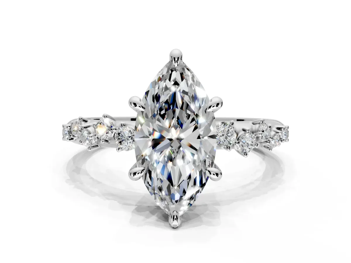 Solitaire Engagement Ring Setting for Marquise Center with Trailing Leaf Accent Band and Prong Head in Sterling Silver