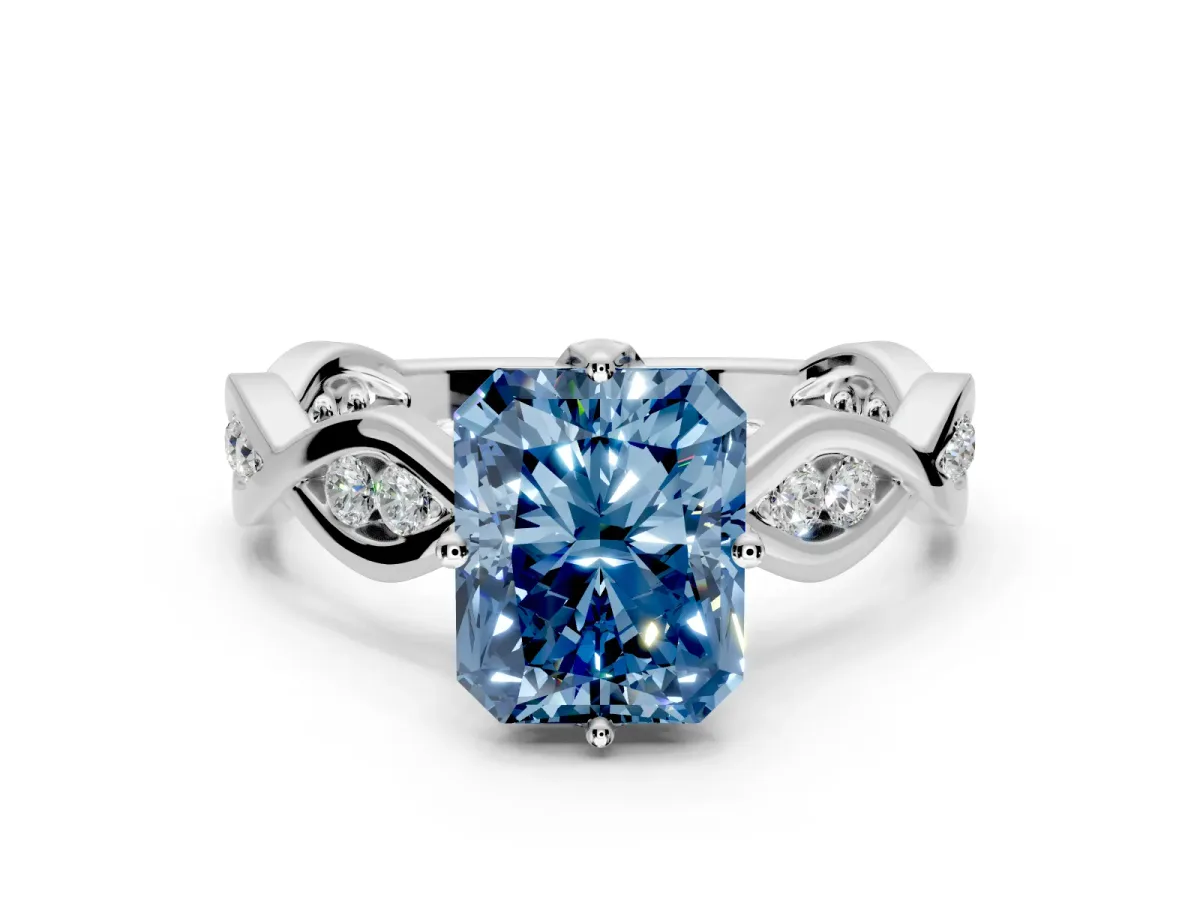 Solitaire Engagement Ring Setting for Fancy Blue Radiant Cut Center with Accented Twist Band and Leaf Prong Head in Platinum