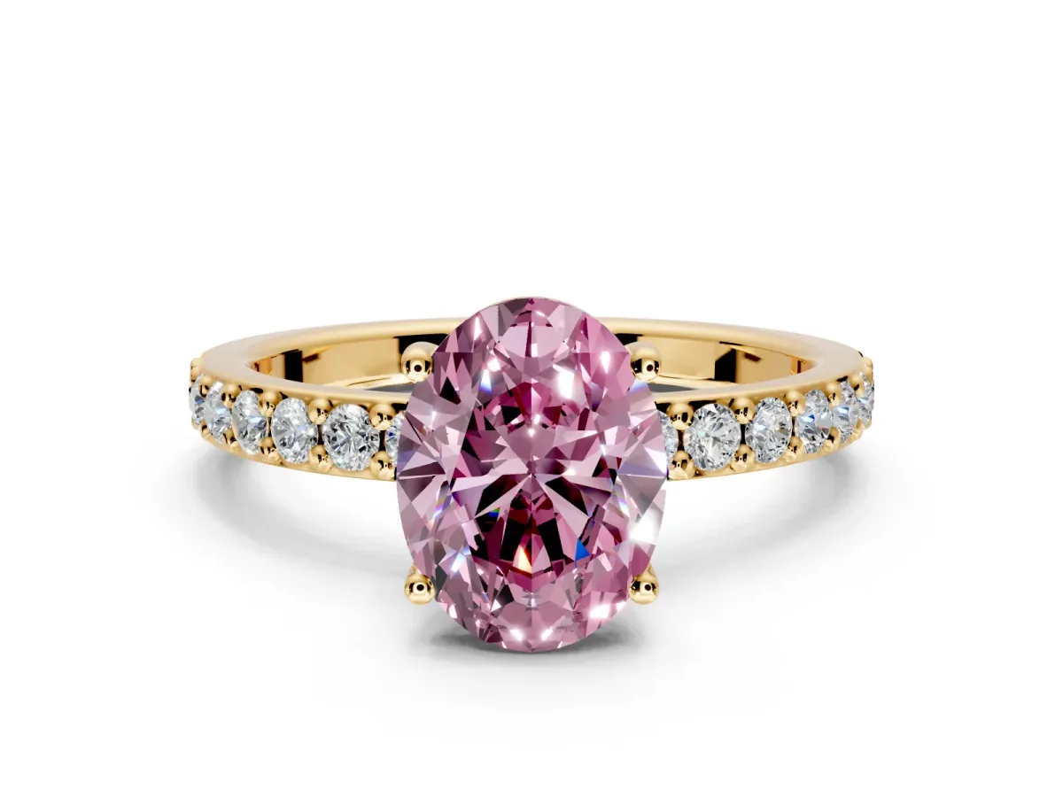 Solitaire Engagement Ring Setting for Fancy Pink Oval Center with Round Cut Pave Band and Prong Head in Yellow Gold