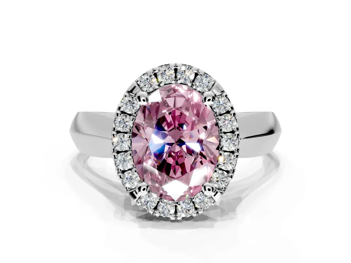 Halo Engagement Ring Setting for Fancy Pink Oval Center with Square Band and Prong Head in Platinum