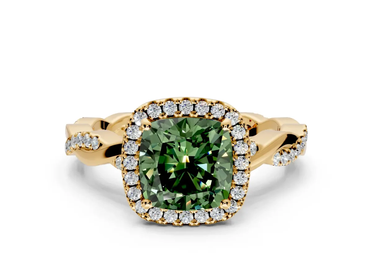 Halo Engagement Ring Setting for Fancy Green Cushion Cut Center with Pave and Plain Twist Band and Prong Head in Yellow Gold