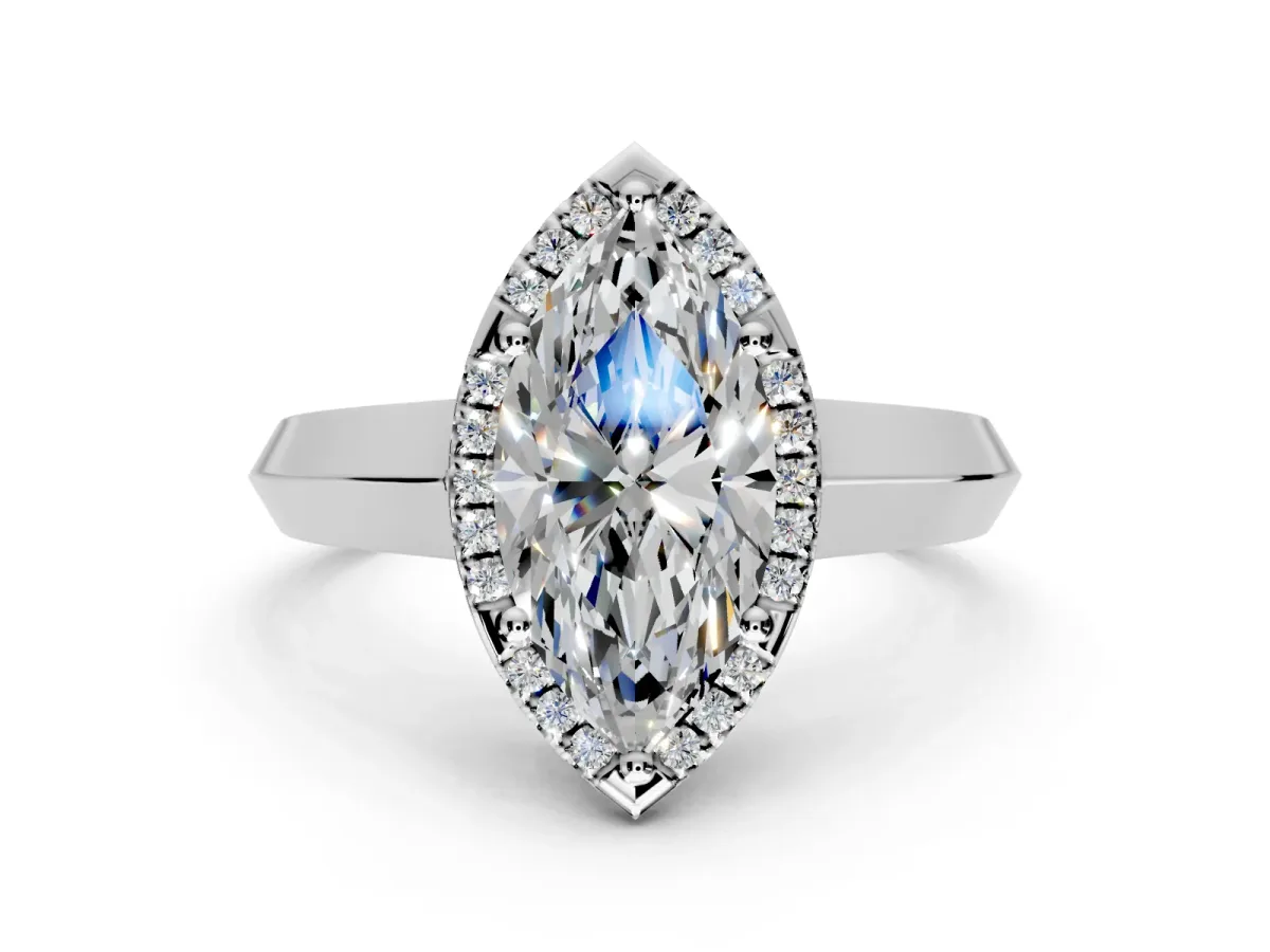 Halo Engagement Ring Setting for Marquise Center with Knife Ridge Cathedral Band and Prong Head in Platinum