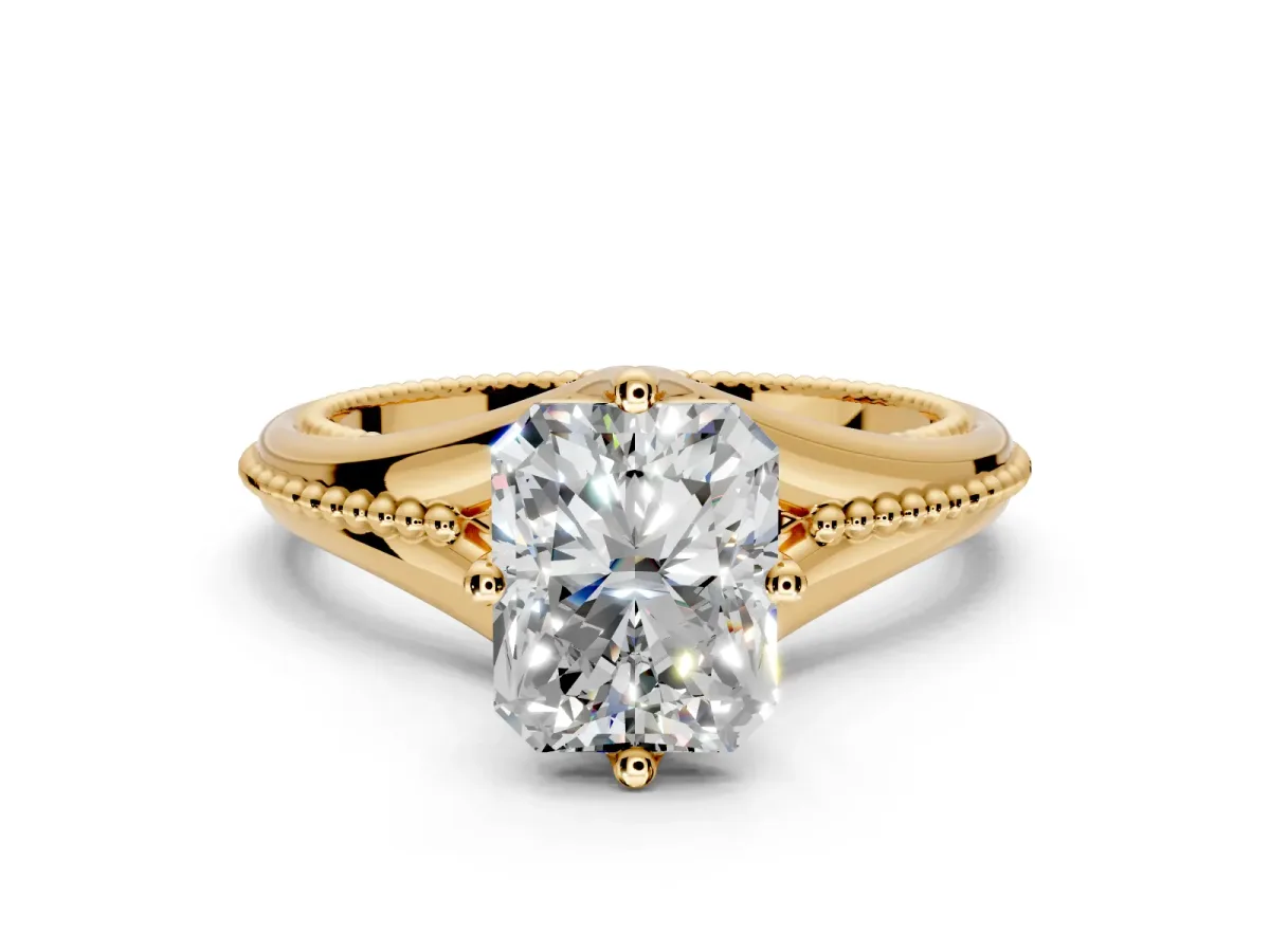 Solitaire Engagement Ring Setting for Radiant Cut Center with Milgrain Cathedral Band and Prong Head in Yellow Gold