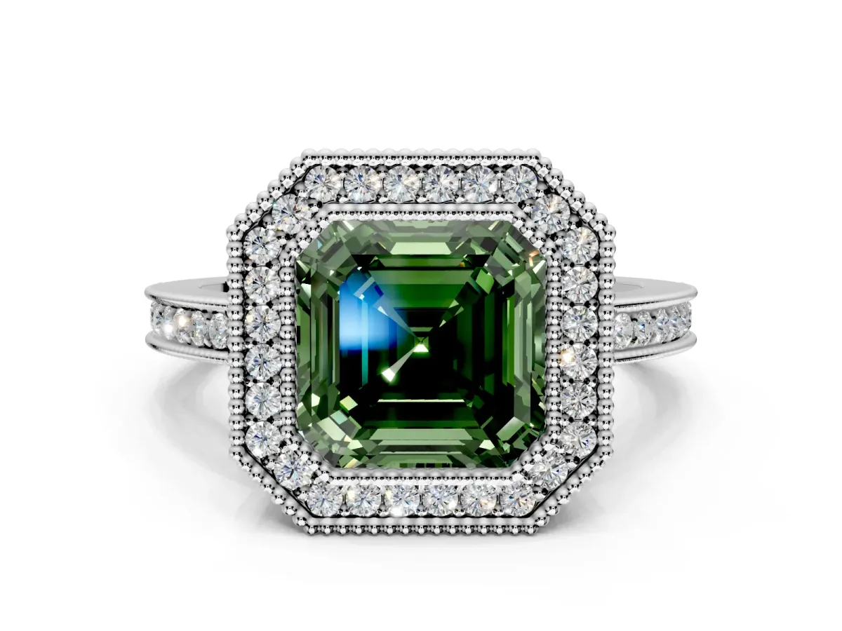 Halo Engagement Ring Setting for Fancy Green Asscher Cut Center with Milgrain Halo, Pave Band and Prong Head in Platinum