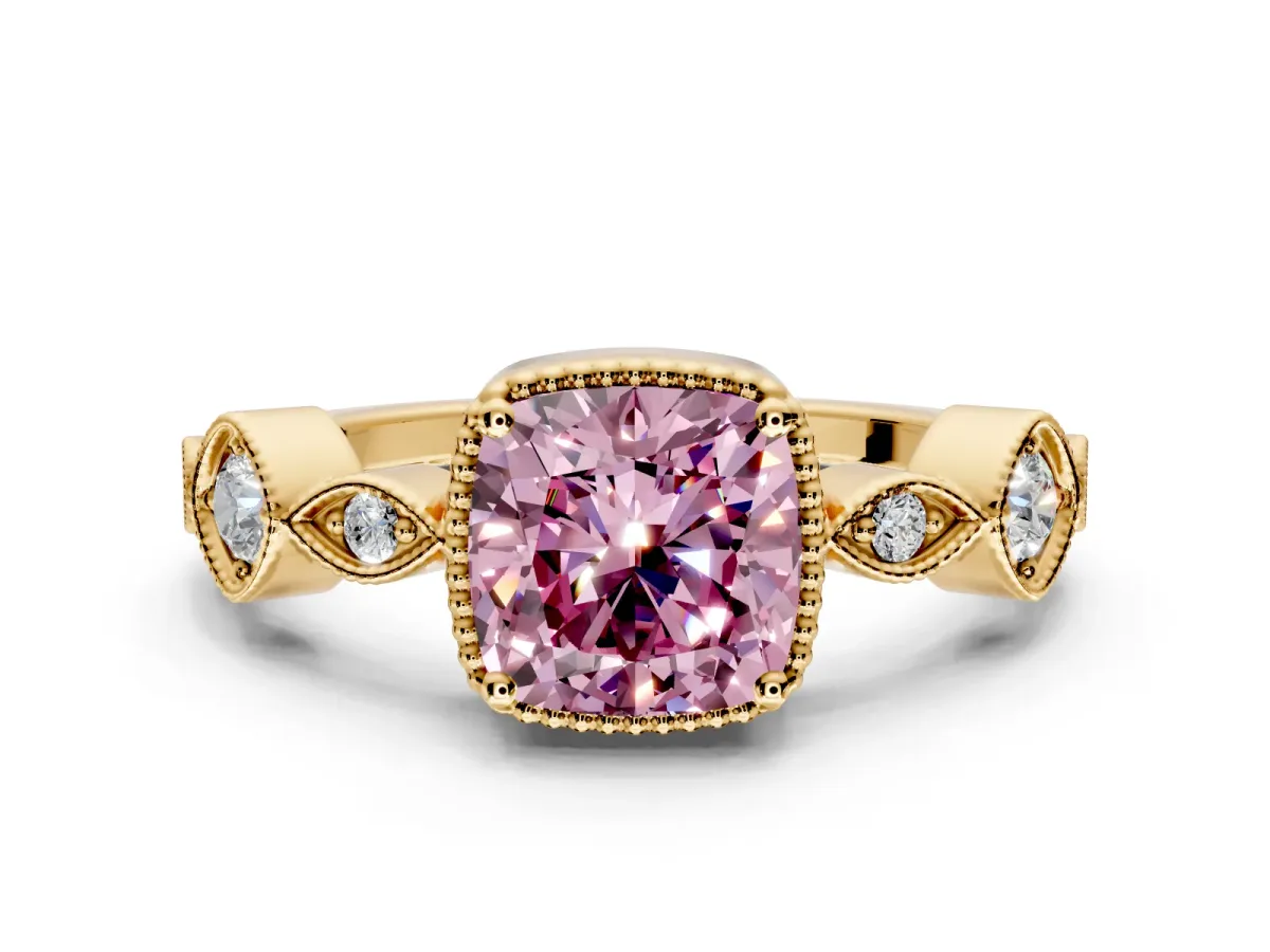Vintage Station Engagement Ring Setting for Fancy Pink Cushion Cut Center with Accents and Prong Head in Yellow Gold