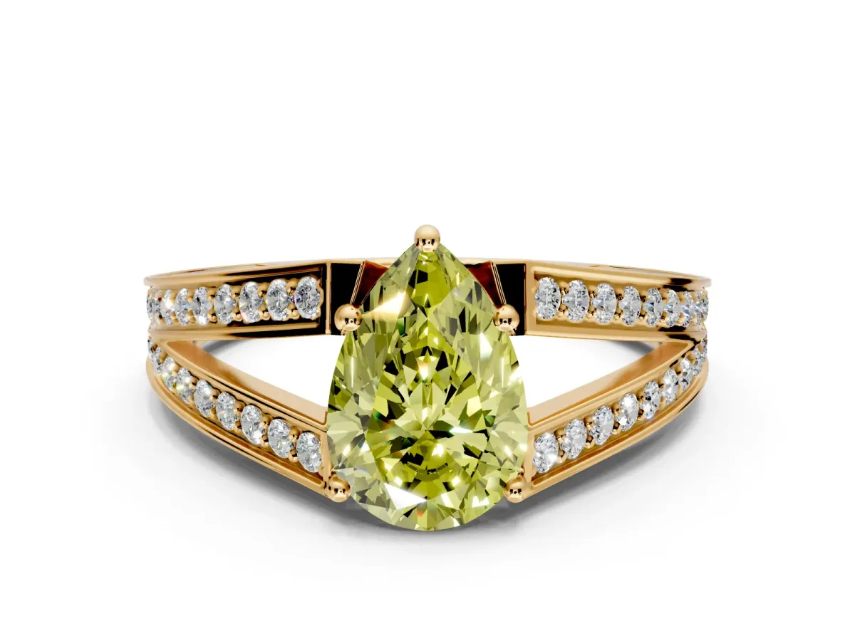 Split Shank Engagement Ring Setting for Fancy Yellow Pear-Shaped Center with Pave Split Shank and Prong Head in Yellow Gold