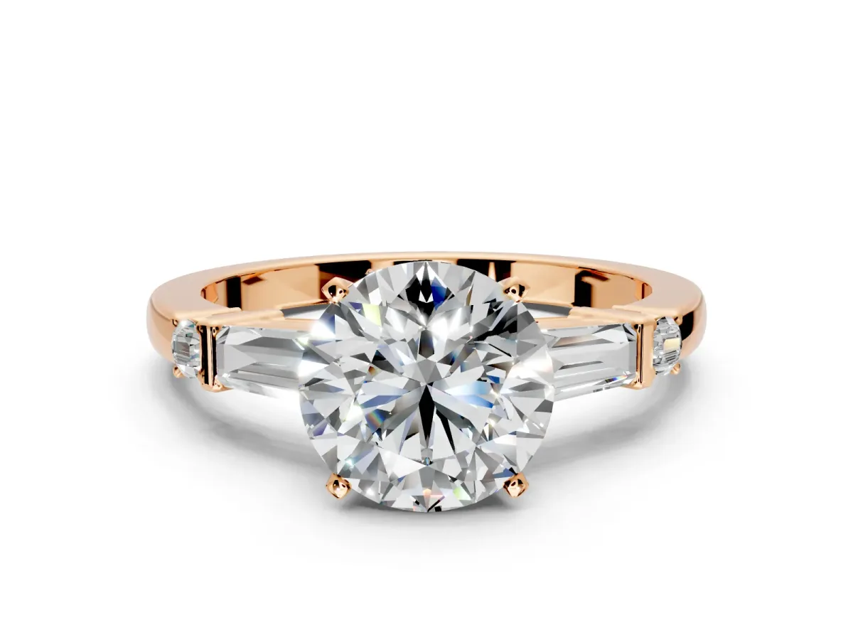 Bar-Set Engagement Ring Setting for Round Cut Center with Tapered Baguette Accents and Prong Head in Rose Gold