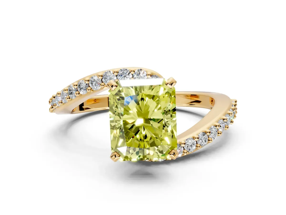Solitaire Engagement Ring Setting for Fancy Yellow Radiant Cut Center with Pave Bypass Swirl Band and Prong Head in Yellow Gold