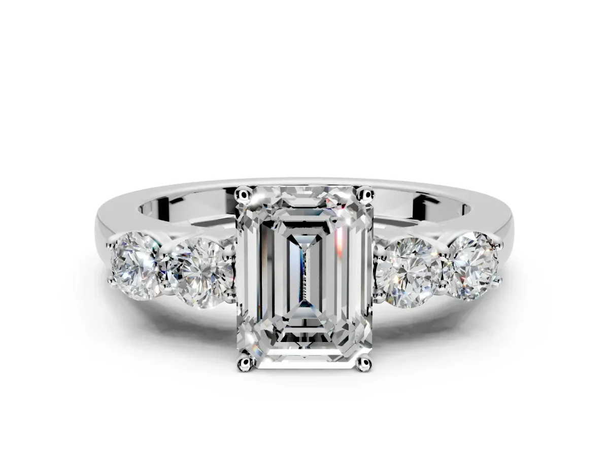 5 Stone Engagement Ring Setting for Emerald Cut Center with Equal Close-Set Accents and Prong Head in White Gold
