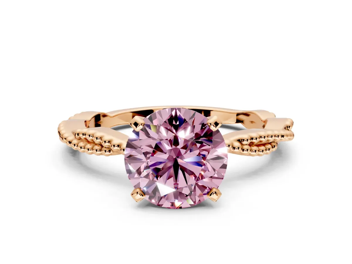 Solitaire Engagement Ring Setting for Fancy Pink Round Cut Center with Twist Band and Bead Prong Head in Rose Gold