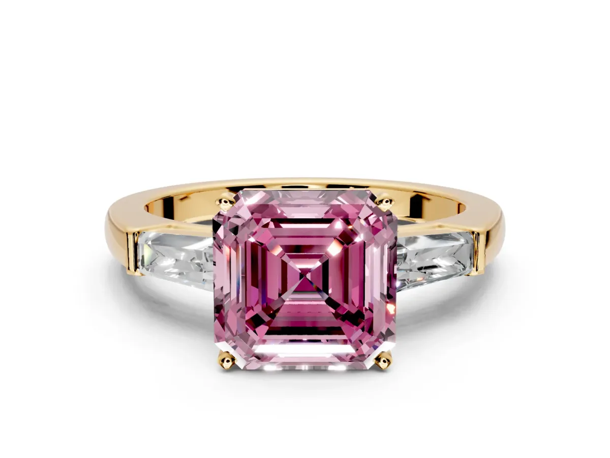 3 Stone Engagement Ring Setting for Fancy Pink Asscher Cut Center with Tapered Baguettes, Plain Band and Prong Head in Yellow Gold