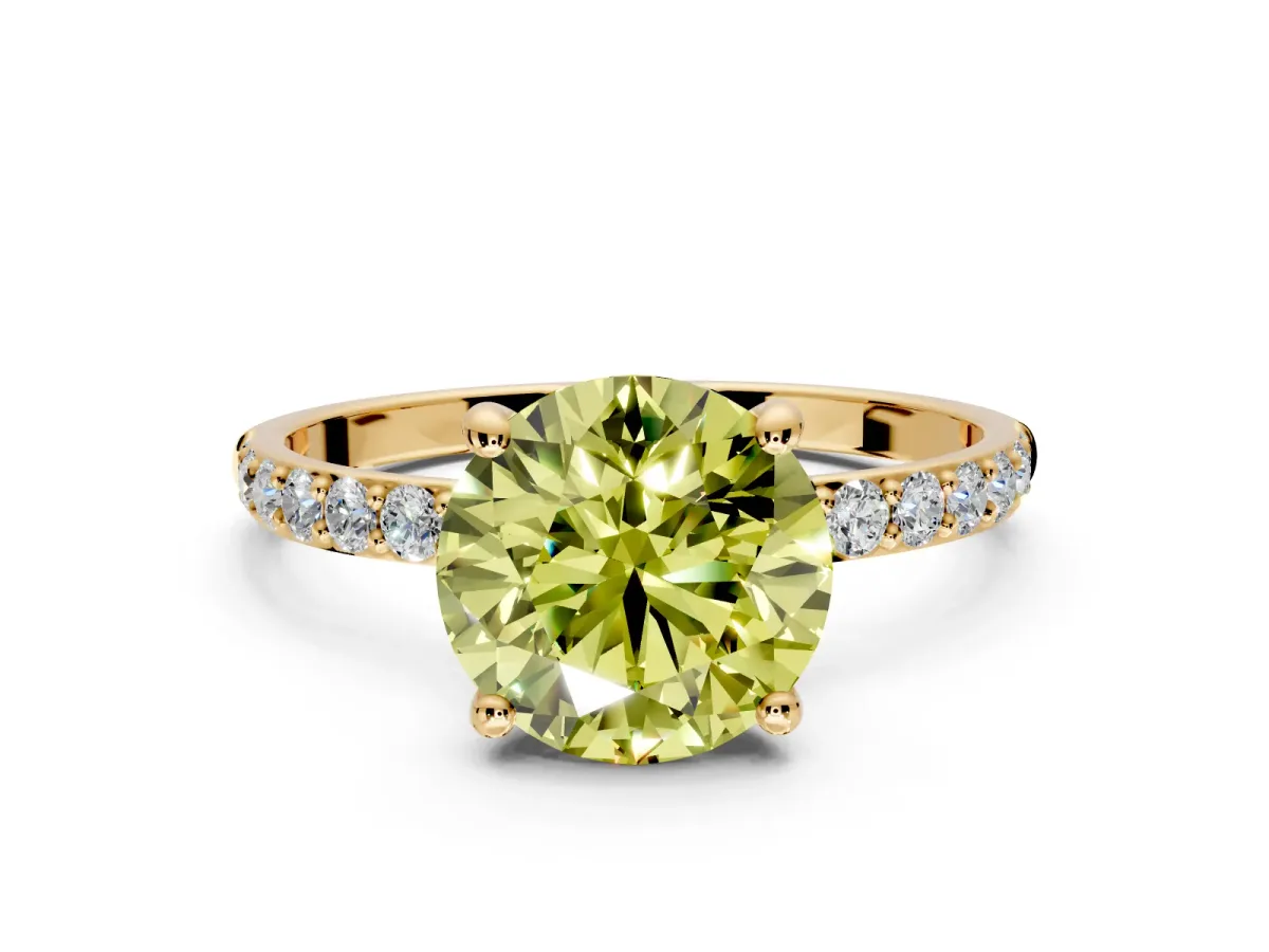 Solitaire Engagement Ring Setting for Fancy Yellow Round Cut Center with Pave Accents and Prong Head in Yellow Gold