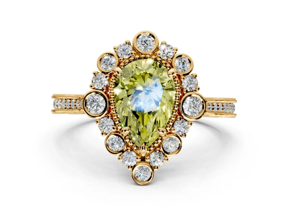 Milgrain Halo Engagement Ring Setting for Fancy Yellow Pear-Shaped Center with Bezel Point Accents and Prong Head in Yellow Gold