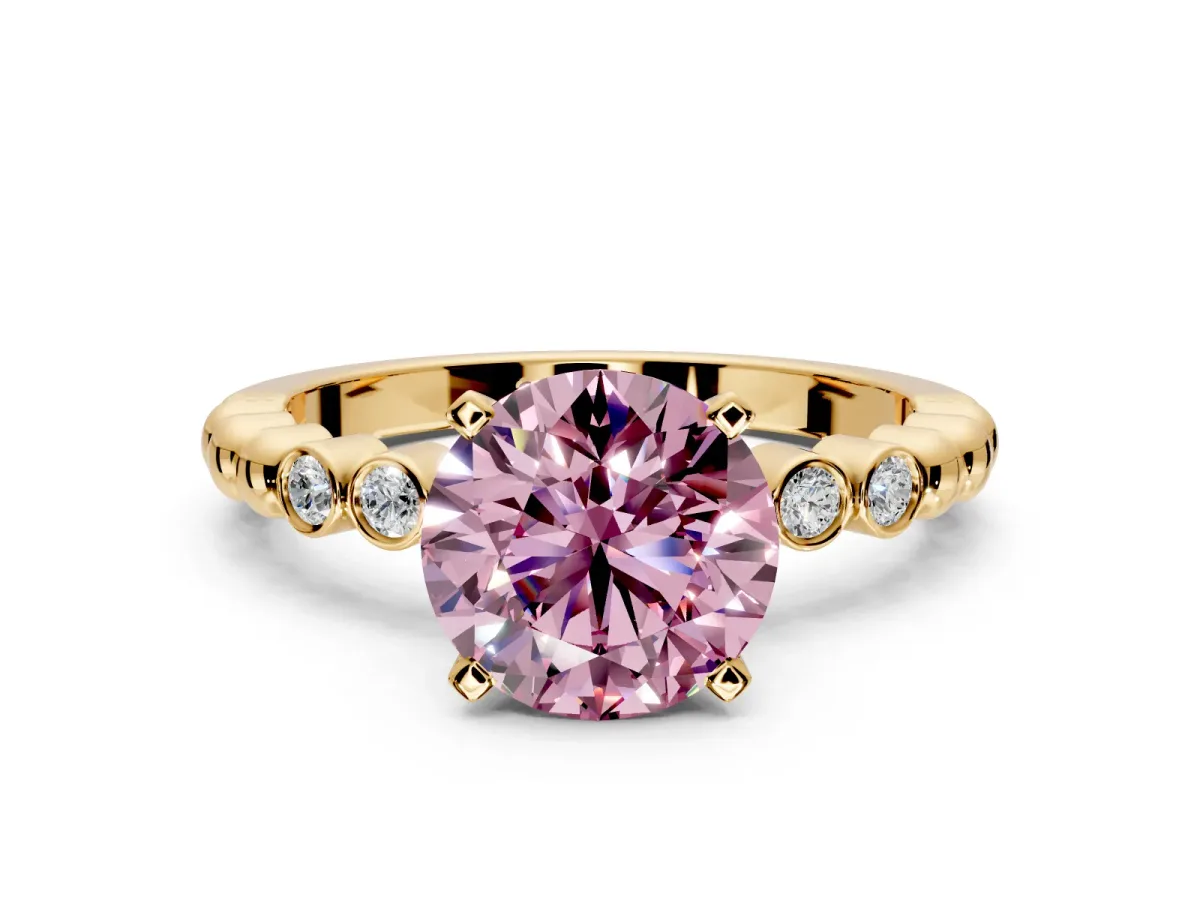Solitaire Engagement Ring Setting for Fancy Pink Round Cut Center with Bezel-Dot Beaded Band and Prong Head in Yellow Gold