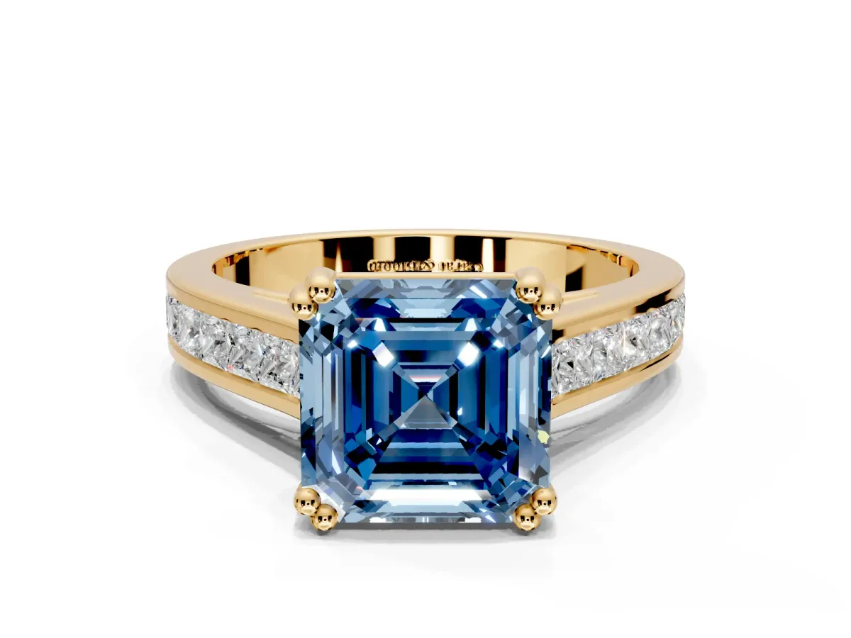 Solitaire Engagement Ring Setting for Fancy Blue Asscher Cut Center with Channel Band and Double Claw Prong Head in Yellow Gold