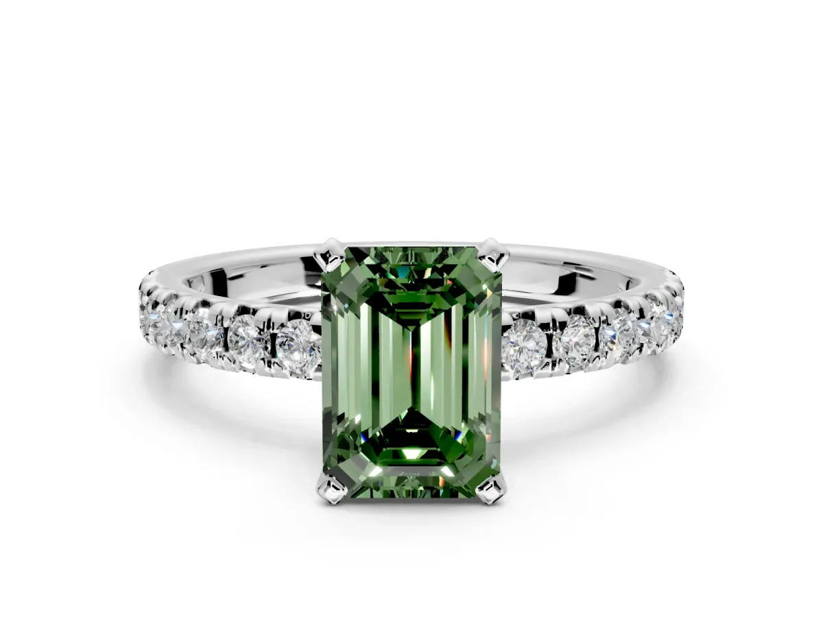Solitaire Engagement Ring Setting for Fancy Green Emerald Cut Center with Large Accents and Prong Head in Platinum