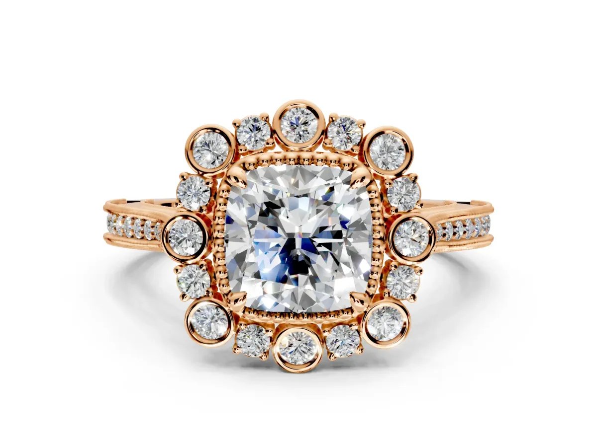 Milgrain Halo Engagement Ring Setting for Cushion Cut Center with Bezel Point Accents and Prong Head in Rose Gold