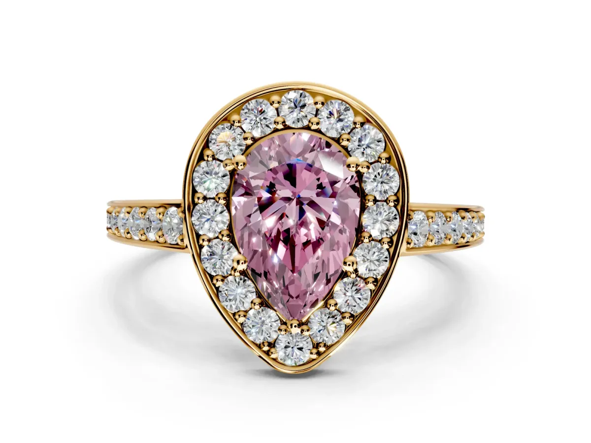 Bezel-Framed Halo Engagement Ring Setting for Fancy Pink Pear-Shaped Center with Pave Band and Prong Head in Yellow Gold