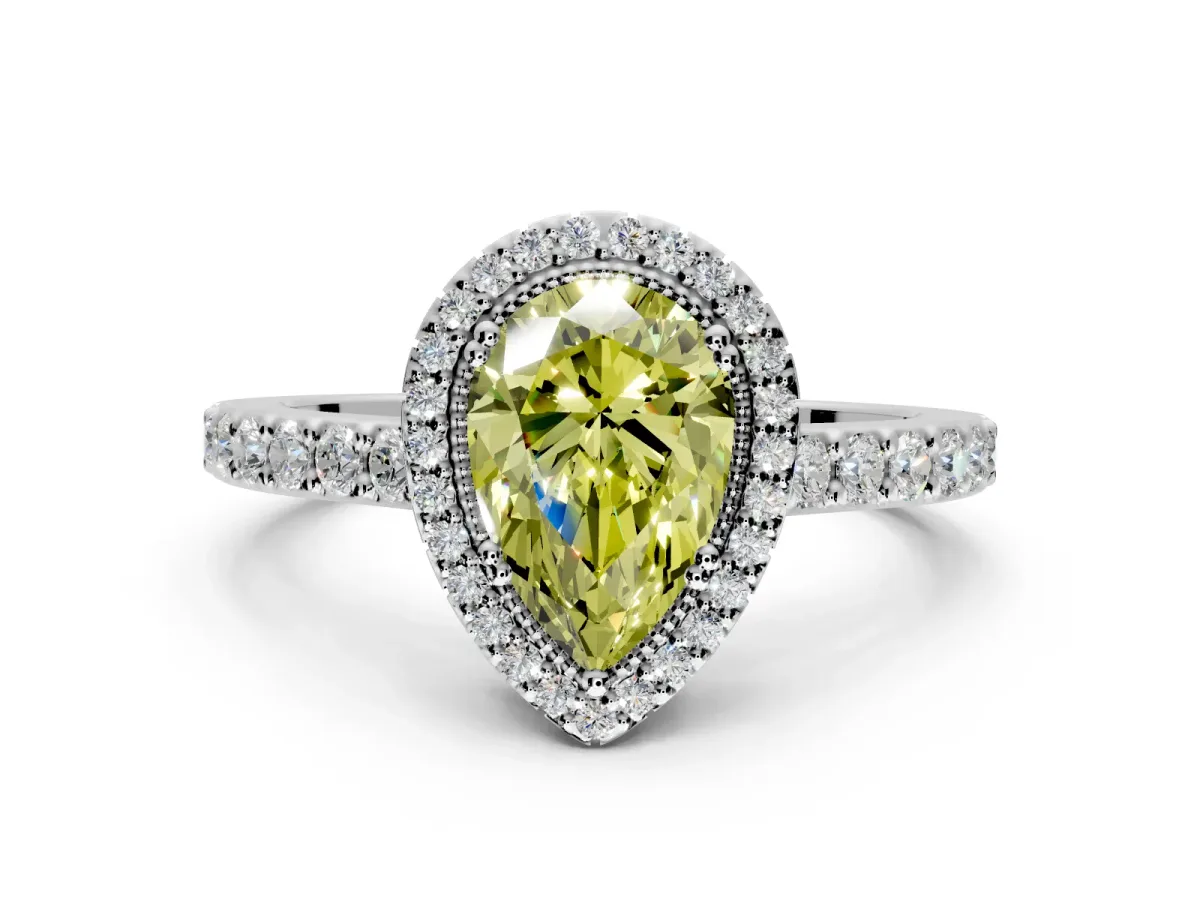 Halo Engagement Ring Setting for Fancy Yellow Pear-Shaped Center with Inner Milgrain Border and Prong Head in Platinum