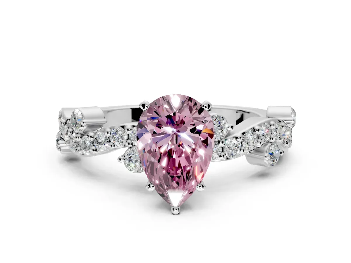 Solitaire Engagement Ring Setting for Fancy Pink Pear-Shaped Center with Bar-Station Pave Twist and Prong Head in Sterling Silver