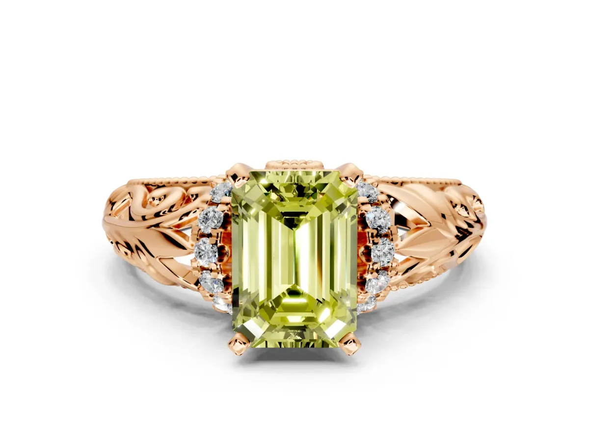 Solitaire Engagement Ring Setting for Fancy Yellow Emerald Cut Center with Filigree Accent Basket and Prong Head in Rose Gold
